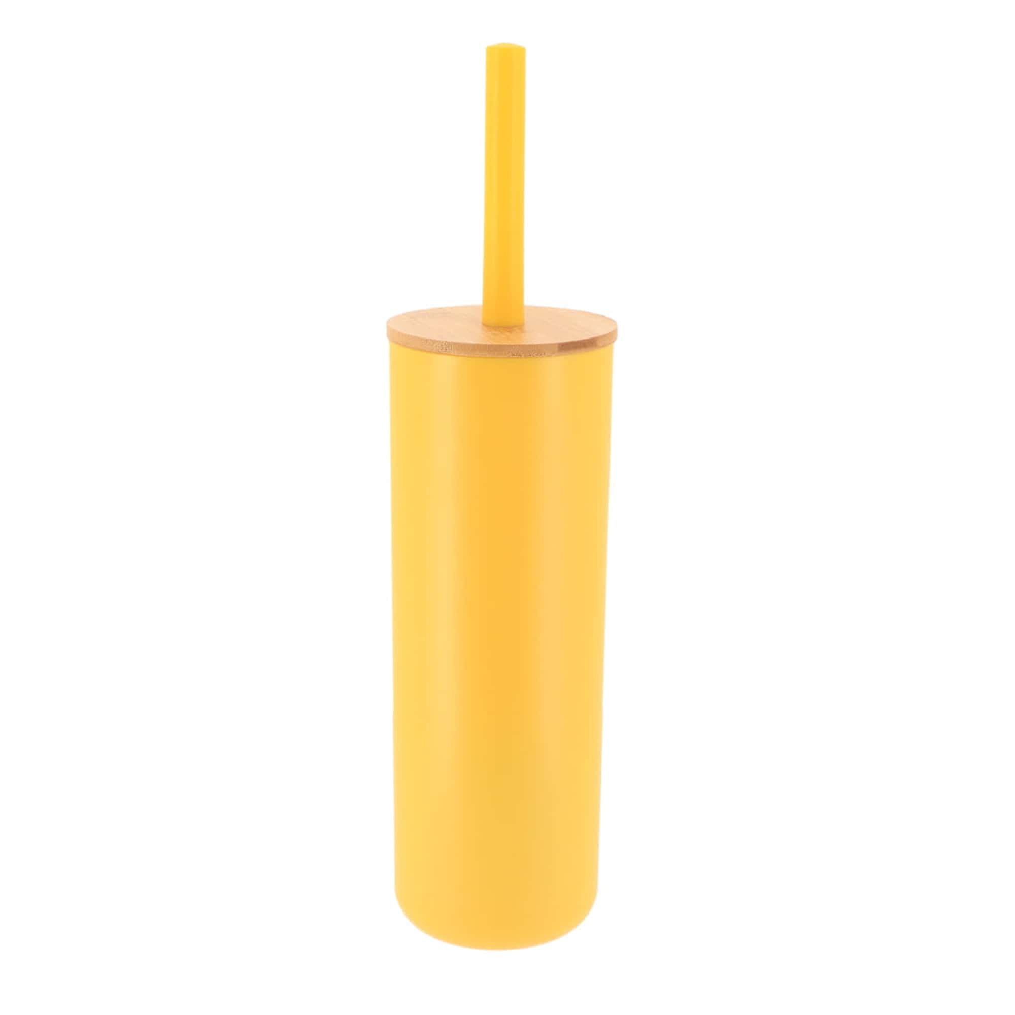 yellow and bamboo toilet brush and holder set