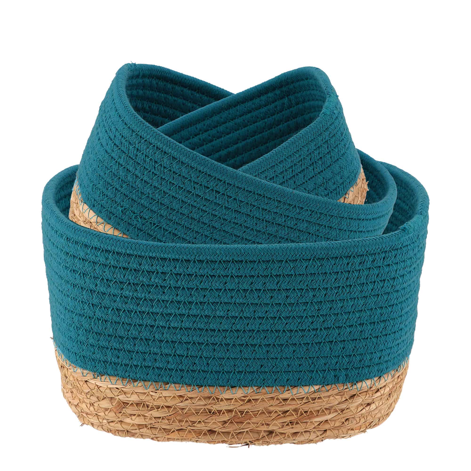 blue cotton and natural seagrass set of 3 storage baskets