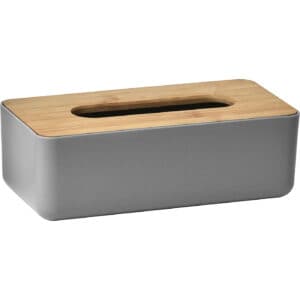 gray and bamboo tissue box cover
