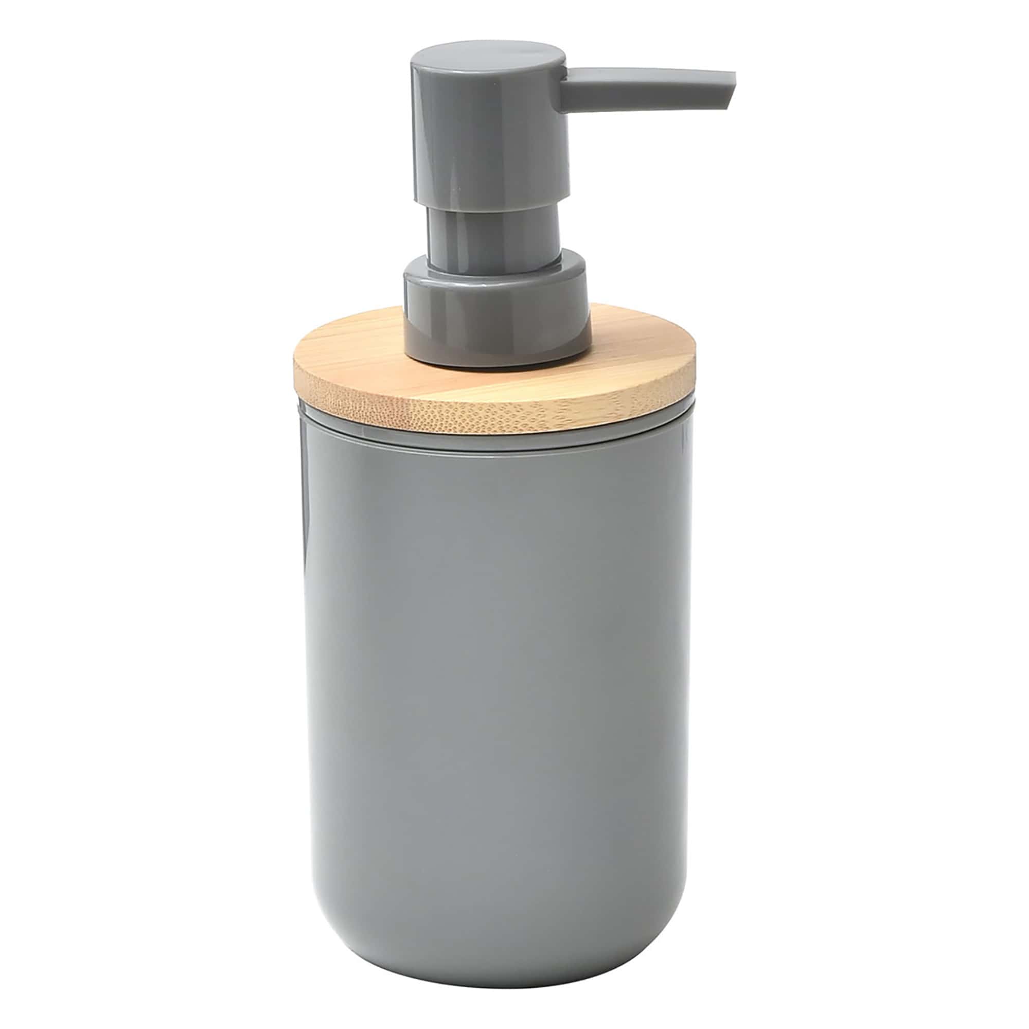 gray and bamboo soap and lotion dispenser