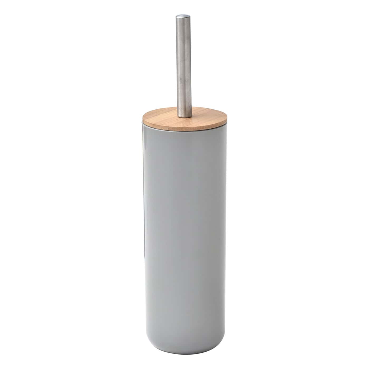 gray and bamboo toilet brush and holder set