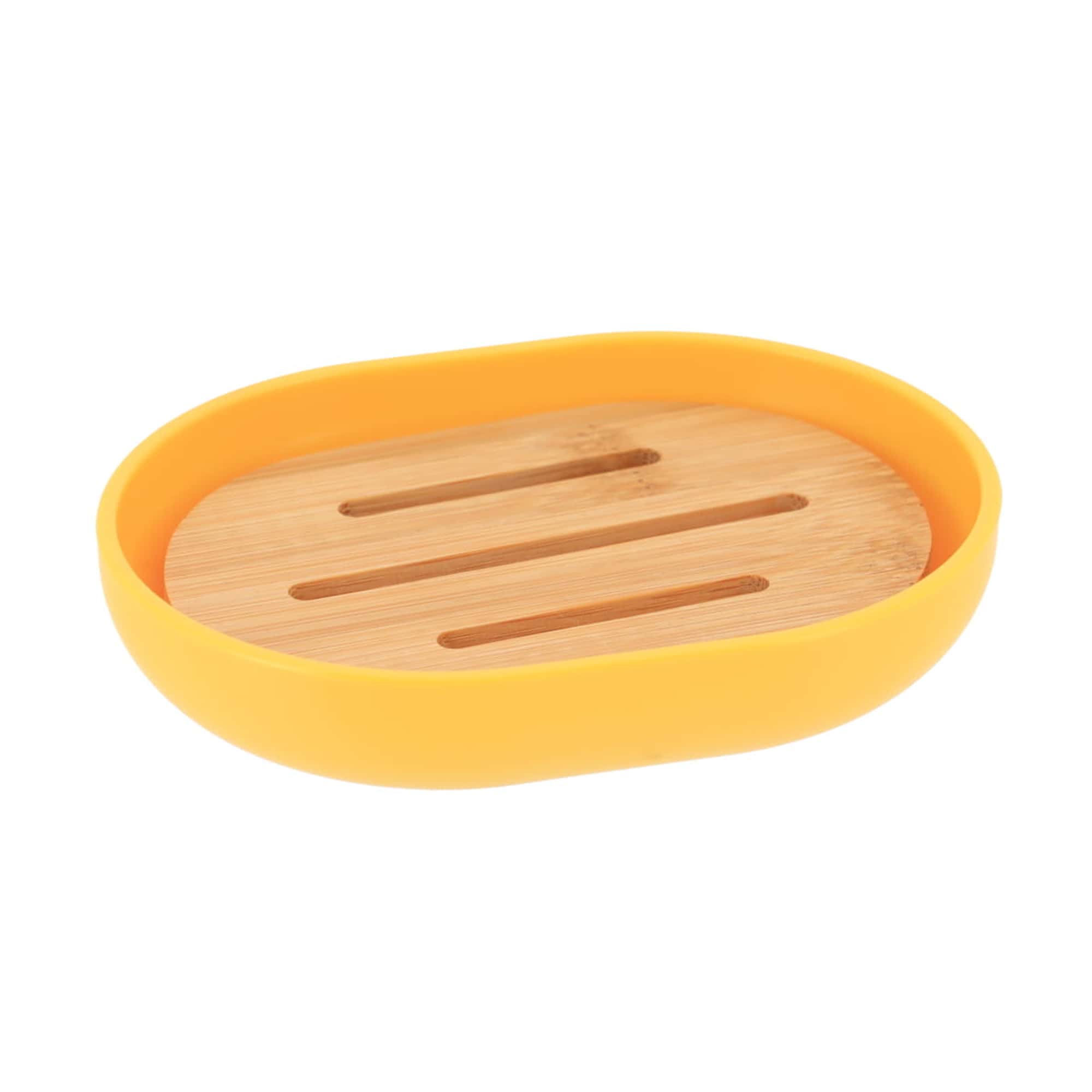 yellow and bamboo soap bar holder