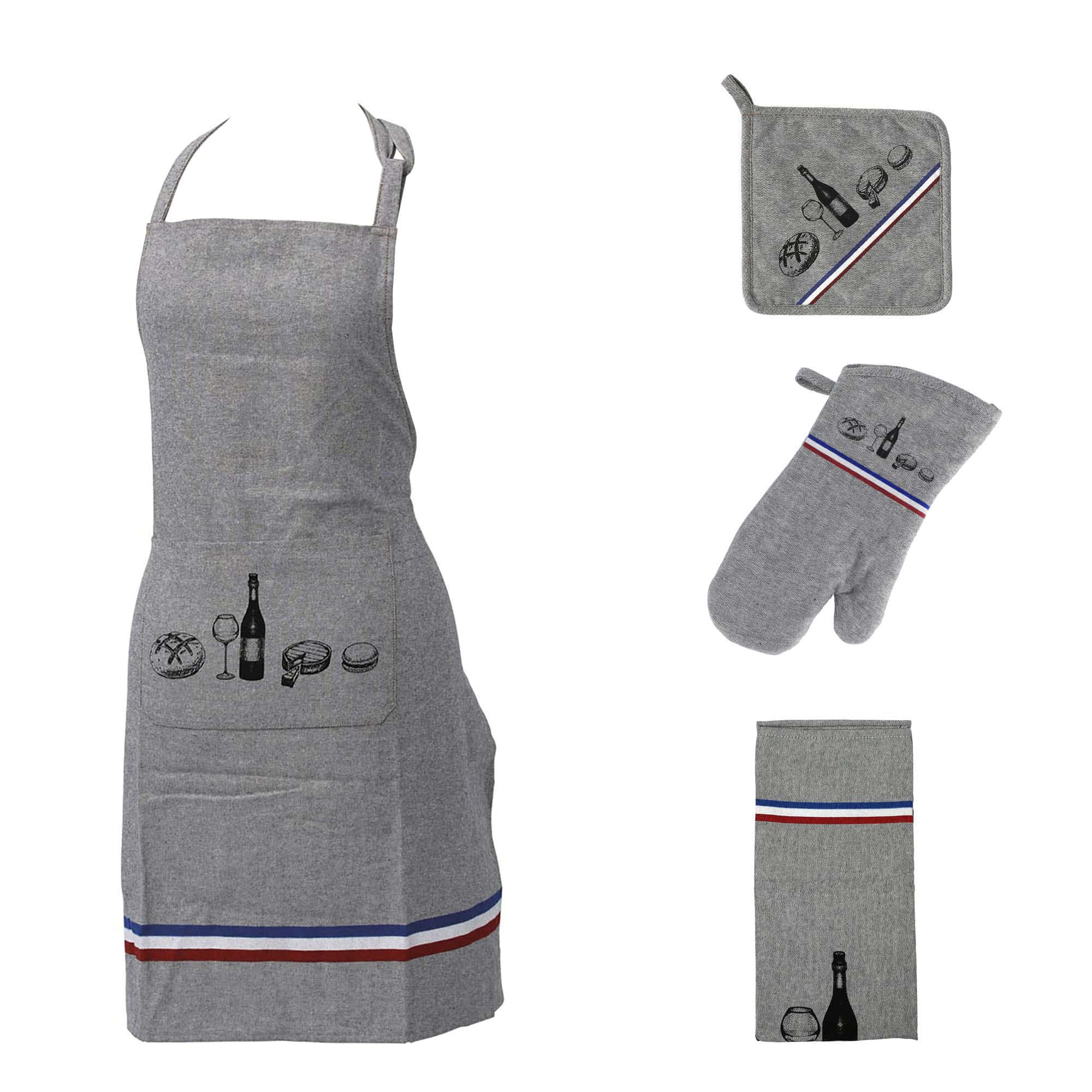 gray with blue white red stripes kitchen linen set