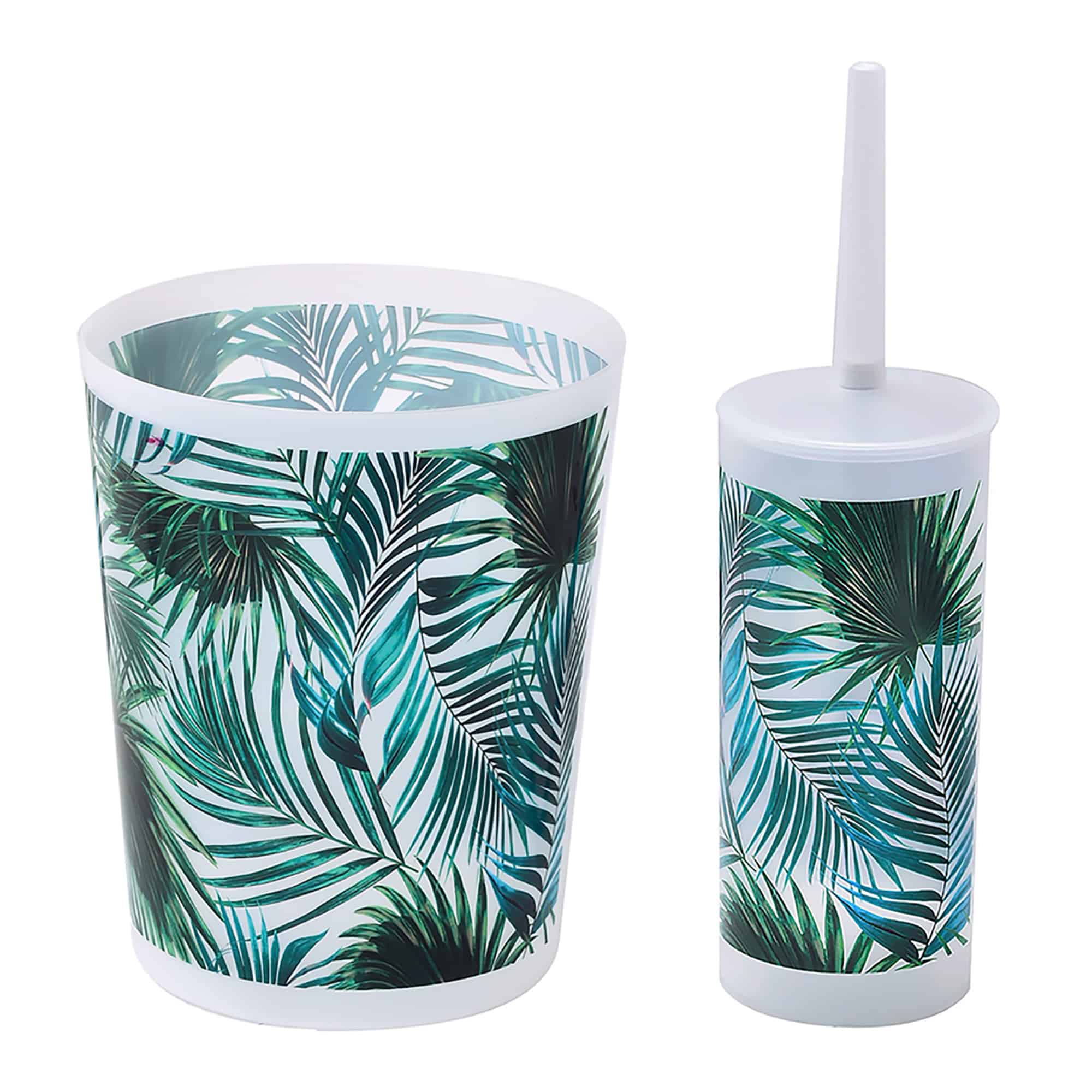 decorative plastic trash can and toilet brush with palm leaf design