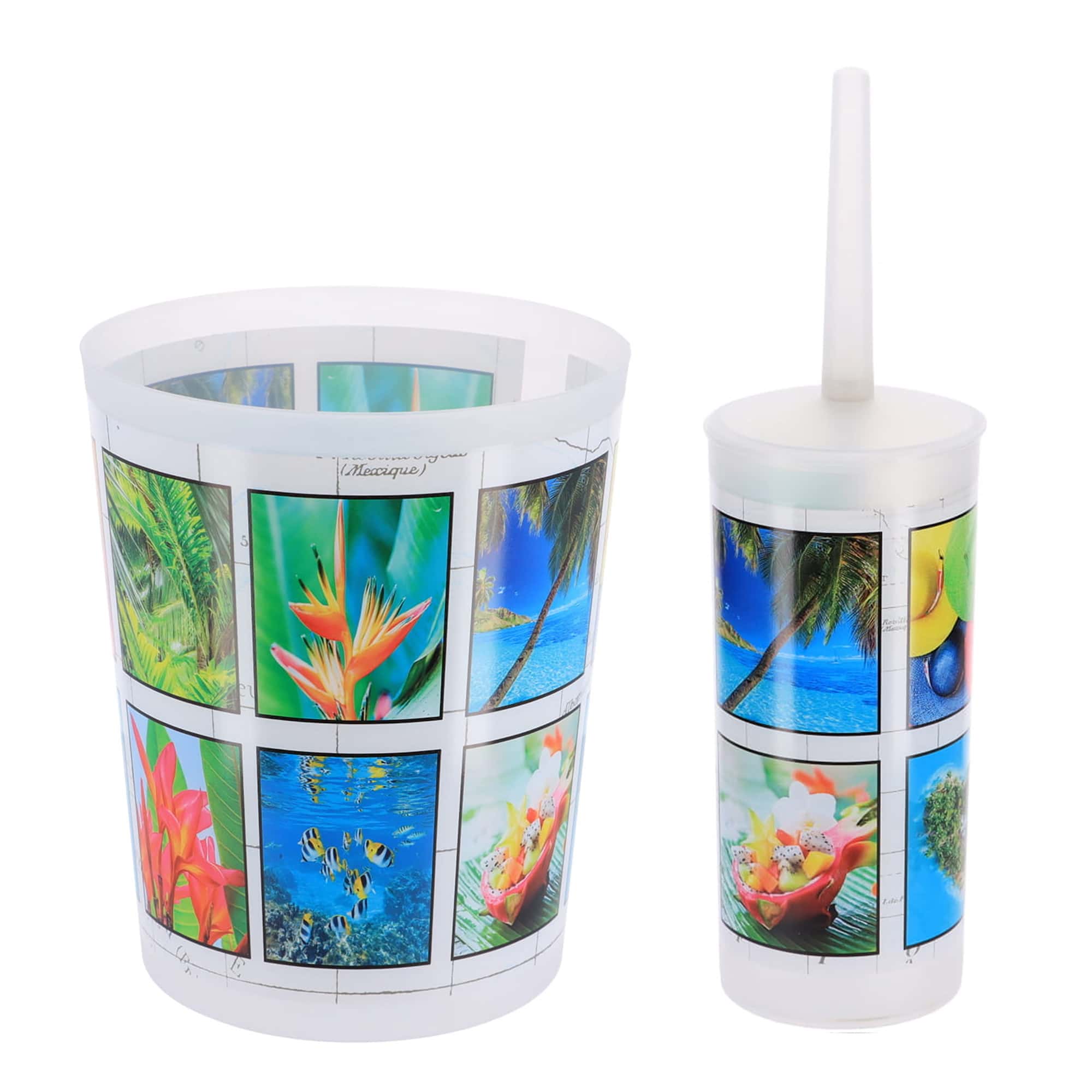 decorative plastic trash can and toilet brush with island pictures