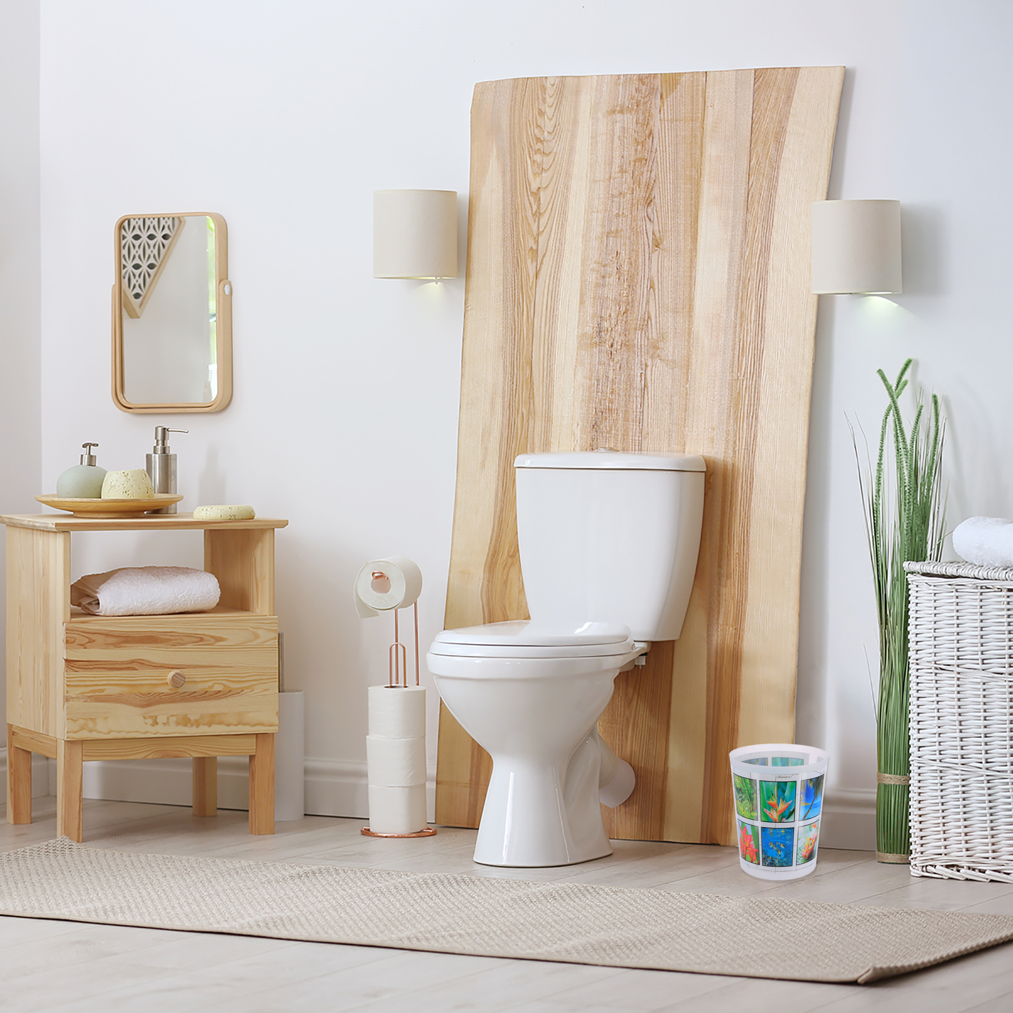 Small decorative waste basket beside toilet and wood panel