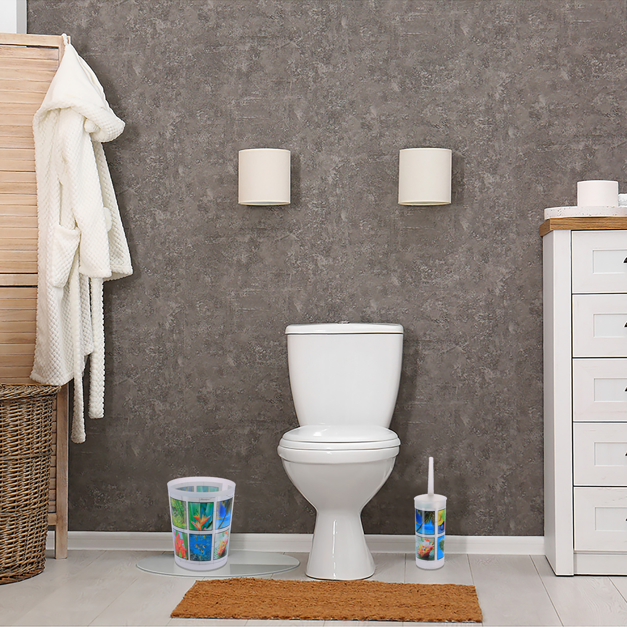 Image 3: Tropical-print trash bin and toilet brush placed beside a toilet in a bathroom