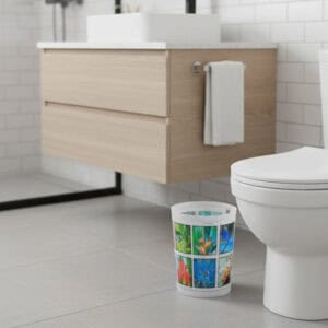 Image 4: Tropical-print waste basket next to a toilet in modern bathroom