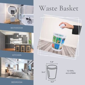 Image 5: Lifestyle collage showing tropical waste basket in bathroom, kitchen, and bedroom with size diagram