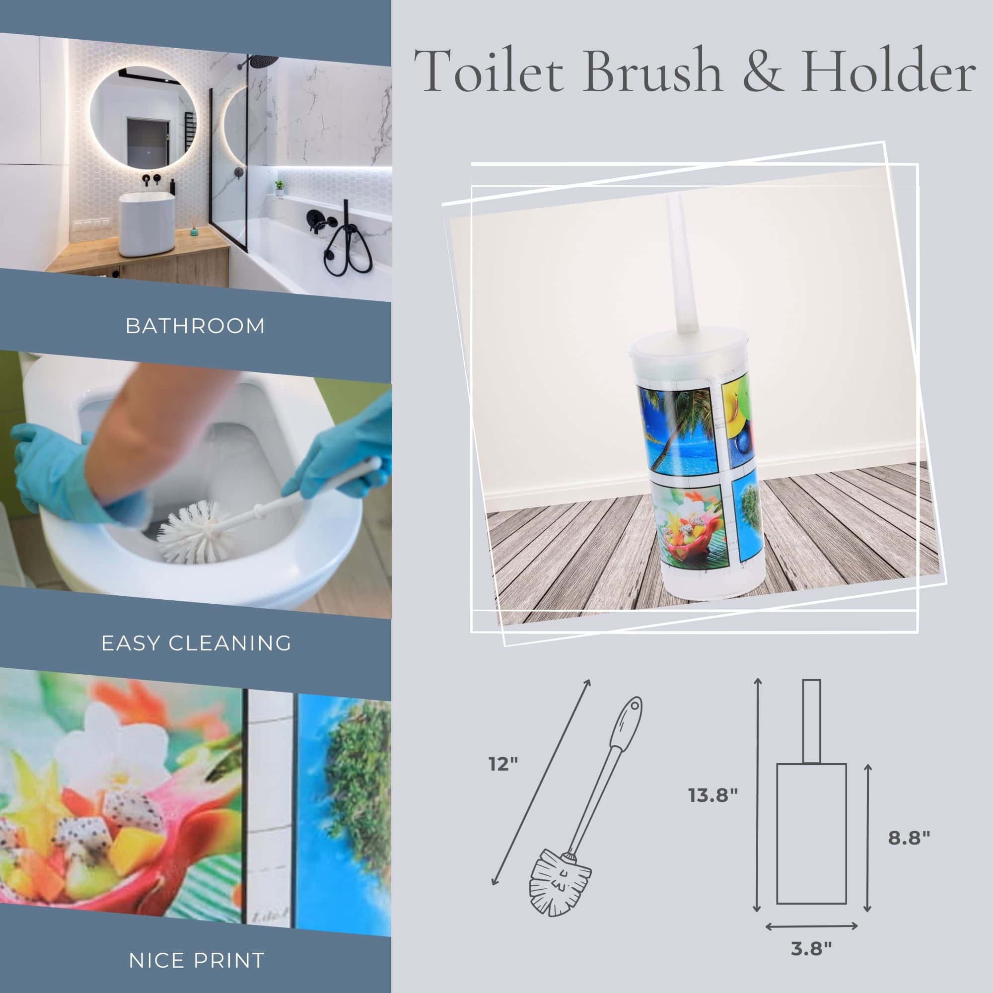 Image 7: infographic showing features and dimensions of tropical toilet brush and holder