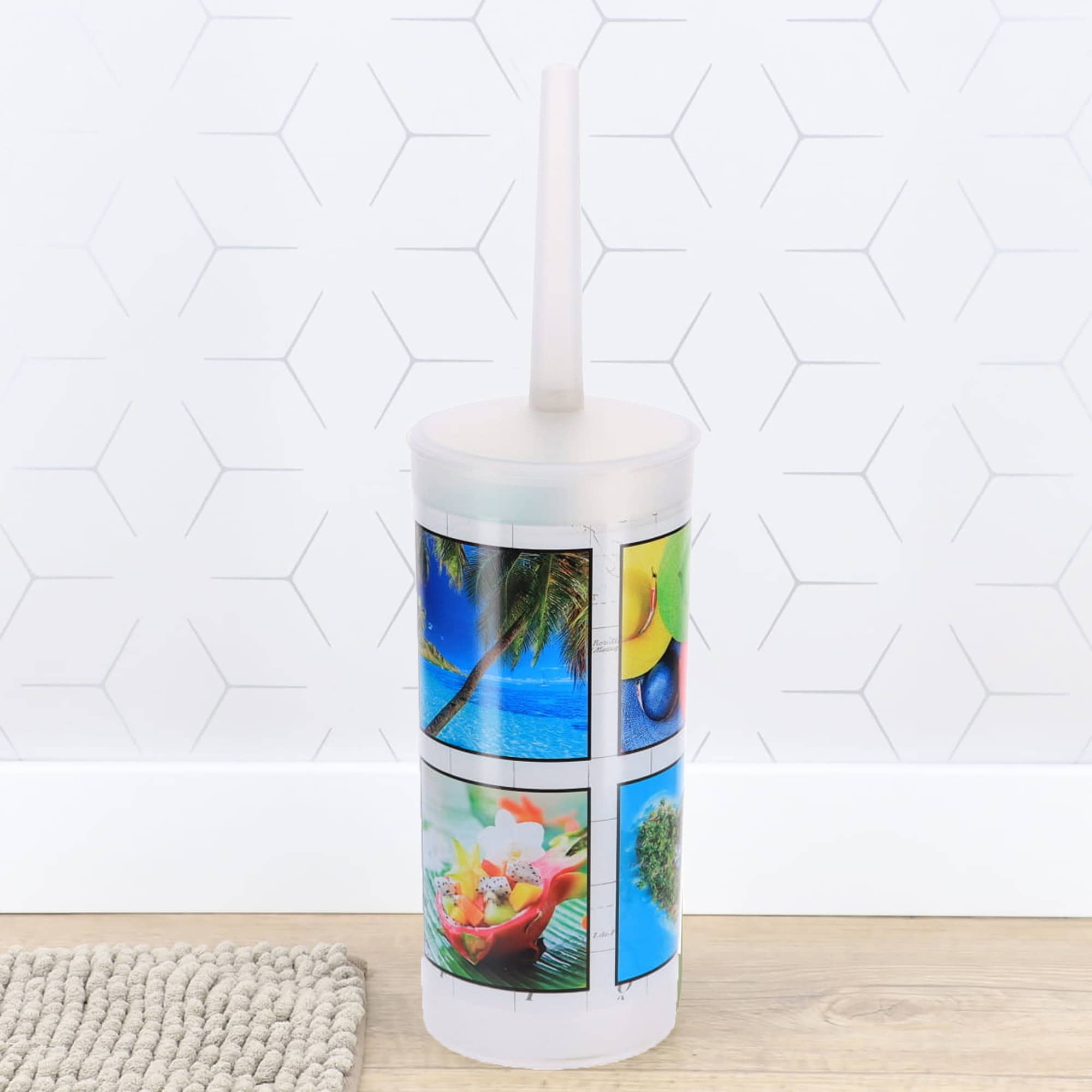 Image 9: Tropical-print toilet brush holder on floor with patterned wall background