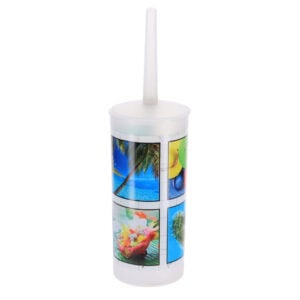 "White toilet brush holder with colorful tropical island photo prints"