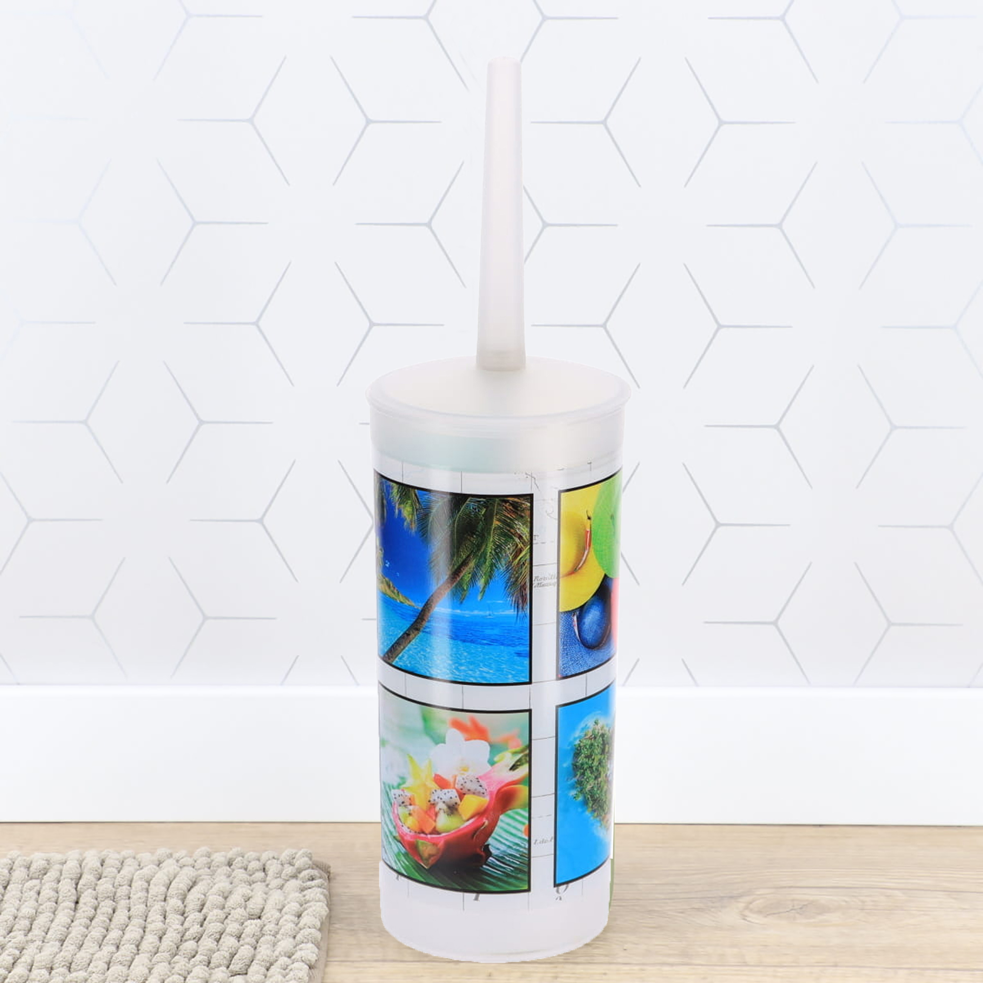 "Toilet brush and holder with beach and food photo wrap on hexagon tile floor"