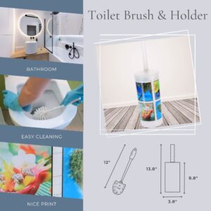 "Product features showing bathroom use, easy cleaning, and 12-inch brush dimensions"