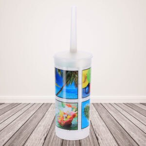 "White toilet brush with colorful photo sleeve on wooden deck"