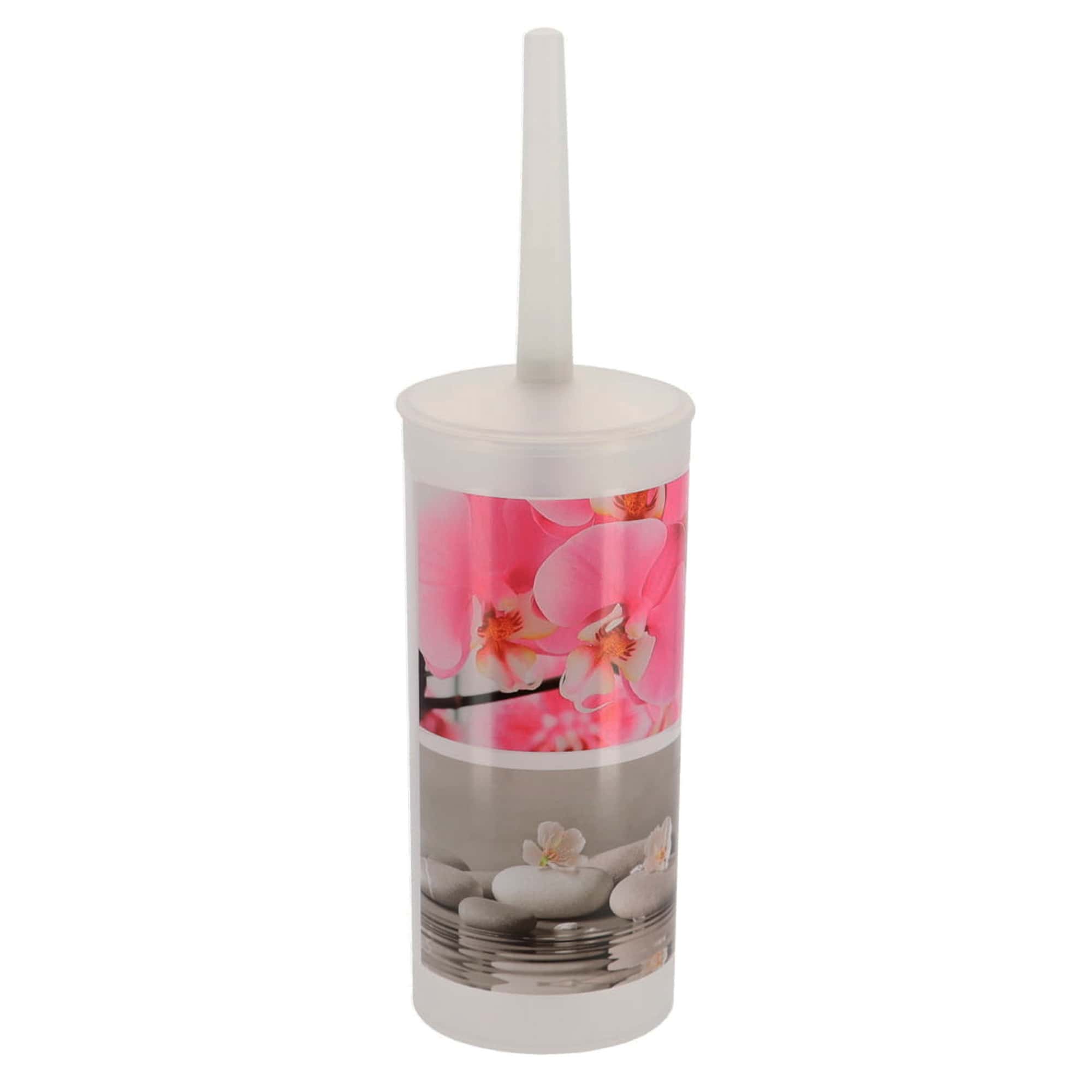 decorative plastic toilet brush and holder with flower and pebble design