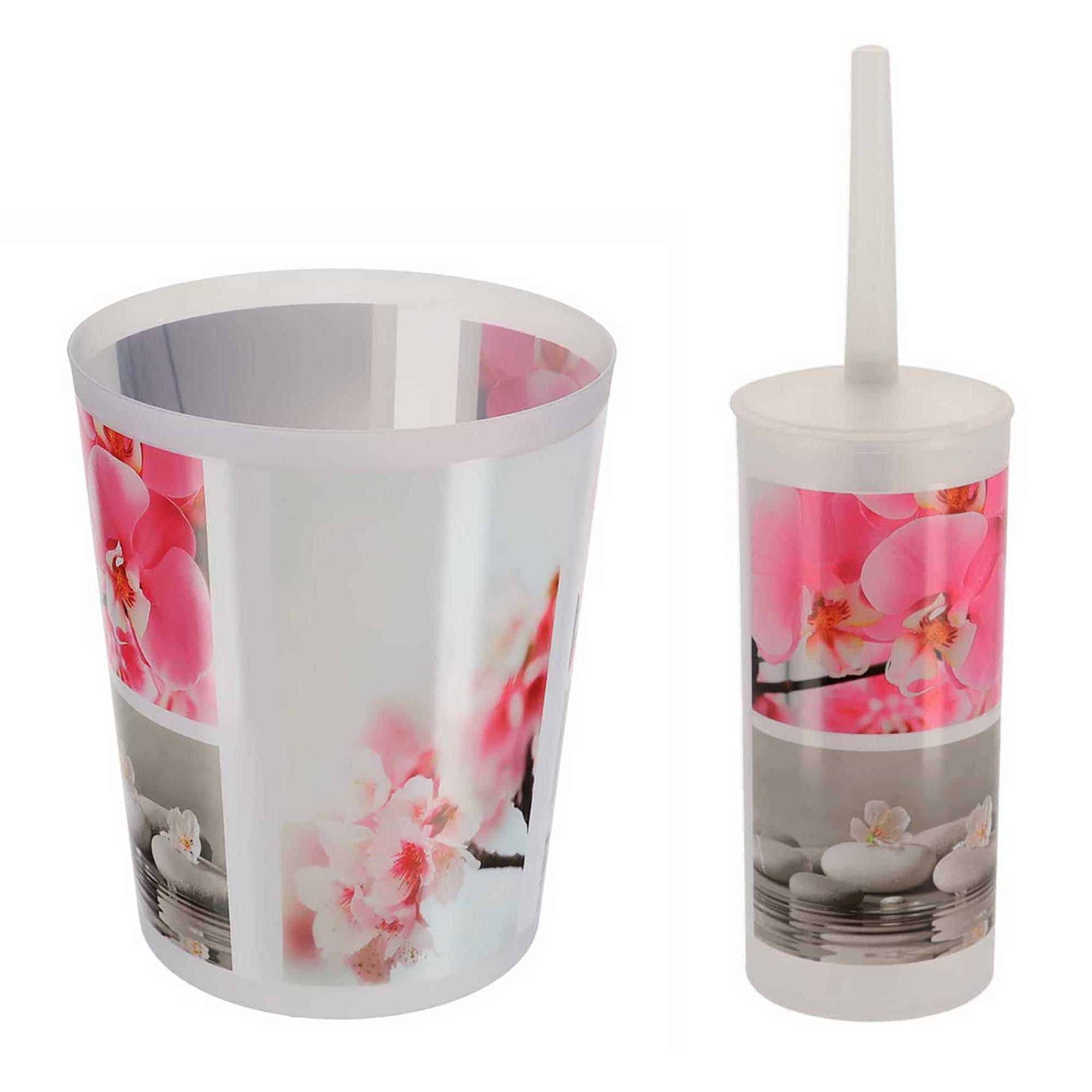 decorative plastic trash can and toilet brush with flower and pebble design