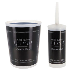 decorative plastic trash can and toilet brush with sleek script