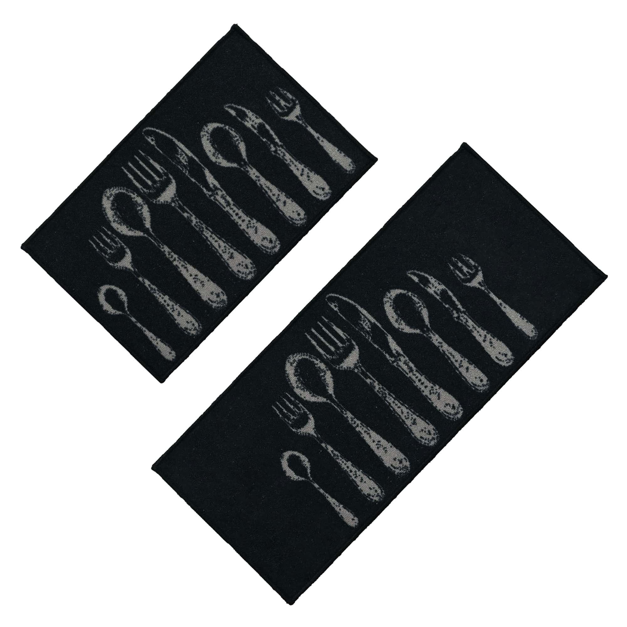 Black kitchen mat and runner set printed with light gray fork, spoon, and knife silhouettes, both pieces shown flat on a white background for a clear view.