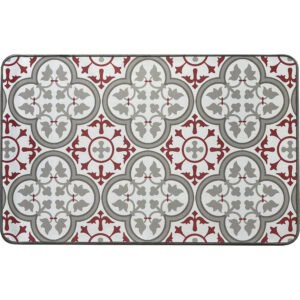 A single Paco printed kitchen mat on a plain white background, showing the red and gray Moorish tile design with rounded corners and bound edges.
