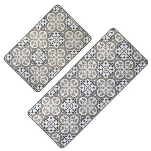 Set of two Paco printed kitchen mats in a blue and gray Moorish tile design, shown together on a plain white background.