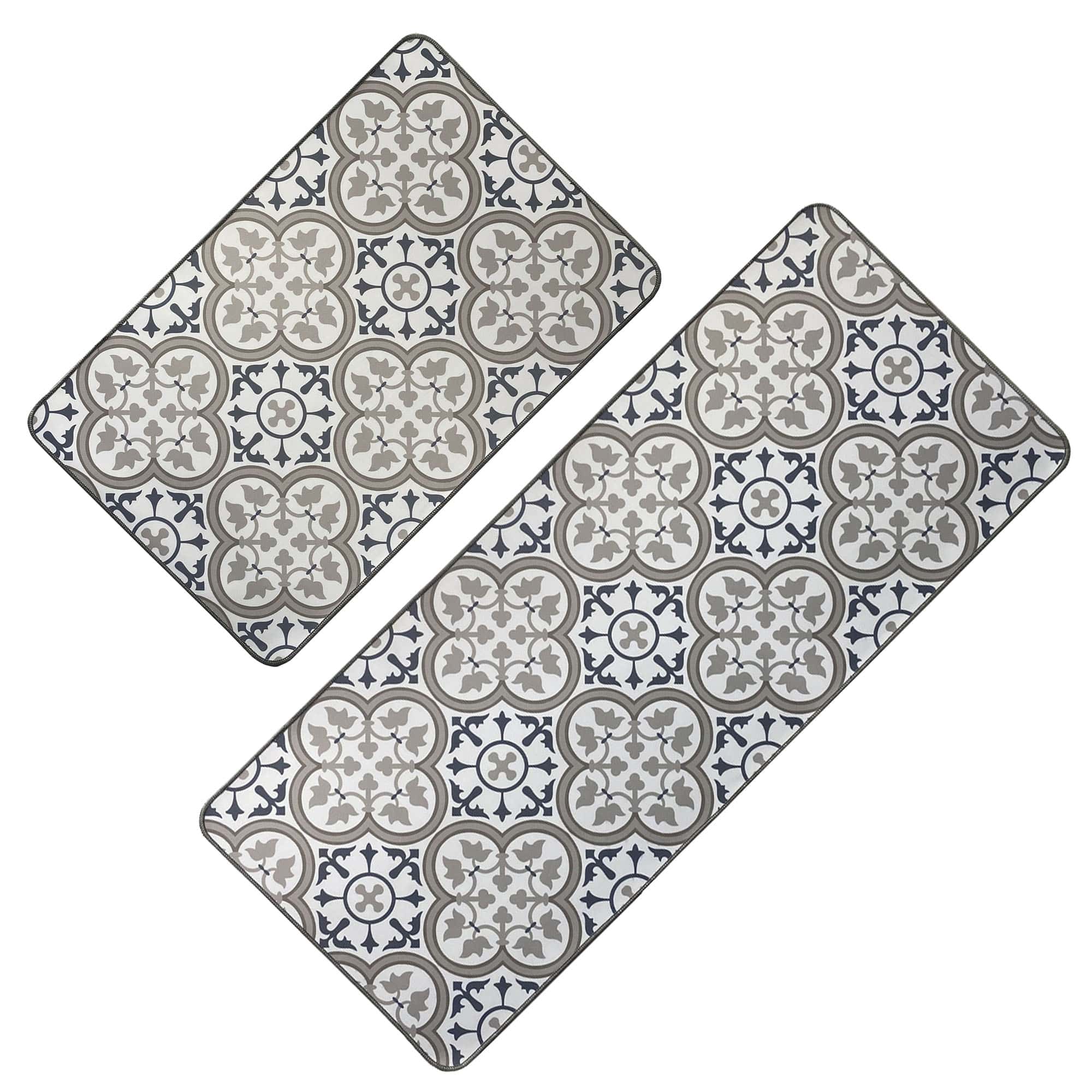 Set of two Paco printed kitchen mats in a blue and gray Moorish tile design, shown together on a plain white background.