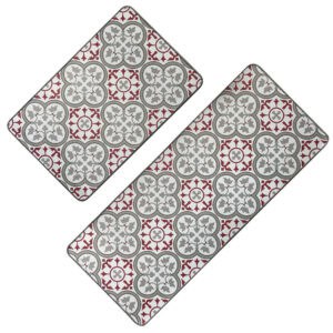 Set of two Paco printed kitchen mats in a red and gray Moorish tile design, shown together on a plain white background.