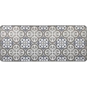A single Paco printed kitchen runner on a plain white background, displaying the long blue and gray Moorish tile design with bound edges and rounded corners.