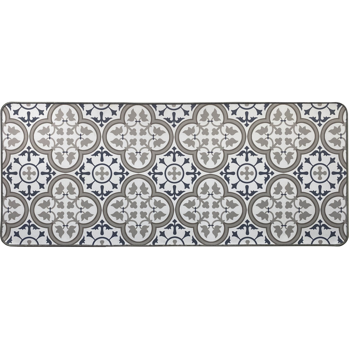 A single Paco printed kitchen runner on a plain white background, displaying the long blue and gray Moorish tile design with bound edges and rounded corners.