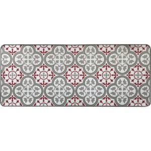 A single Paco printed kitchen runner on a plain white background, displaying the long red and gray Moorish tile design with bound edges and rounded corners.