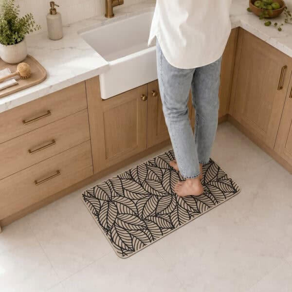 Person standing barefoot on a beige leaf-print kitchen mat in front of a farmhouse sink in a bright wood-cabinet kitchen.