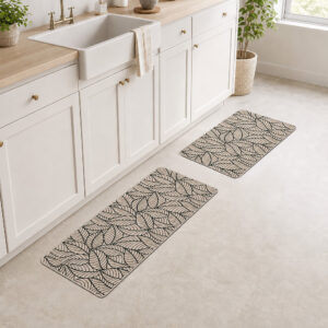 Beige leaf-print kitchen mat and runner placed together in front of a white farmhouse sink in a bright, plant-filled kitchen.