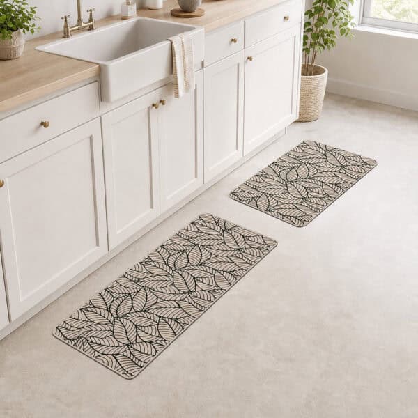 Beige leaf-print kitchen mat and runner placed together in front of a white farmhouse sink in a bright, plant-filled kitchen.