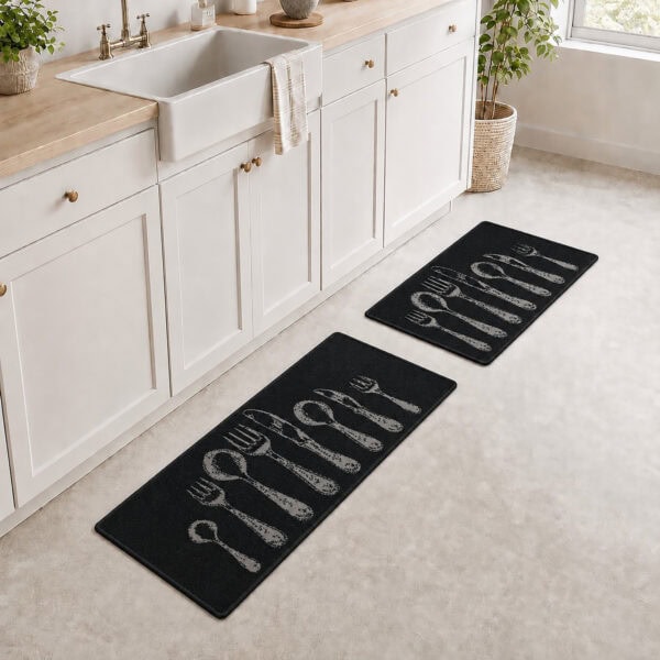 Black two piece cutlery set styled in a kitchen, the longer runner along the cabinets and the smaller mat by the sink in a real setting.