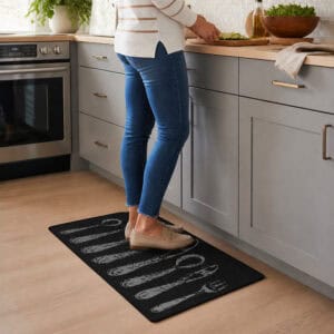 Person in jeans standing on a black cutlery print kitchen rug while prepping food at a gray counter, showing the mat in a real kitchen.