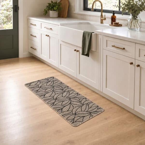 Beige leaf-print kitchen runner placed along white cabinets in front of a farmhouse sink in a bright, airy kitchen.