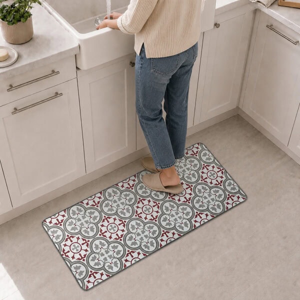 A person in slippers stands on the long kitchen runner before a white farmhouse sink, the runner stretching along the cabinets in red and gray tile.