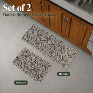 Beige two-piece kitchen mat set, a standard mat beside a longer runner, shown together on the floor near wood cabinets.