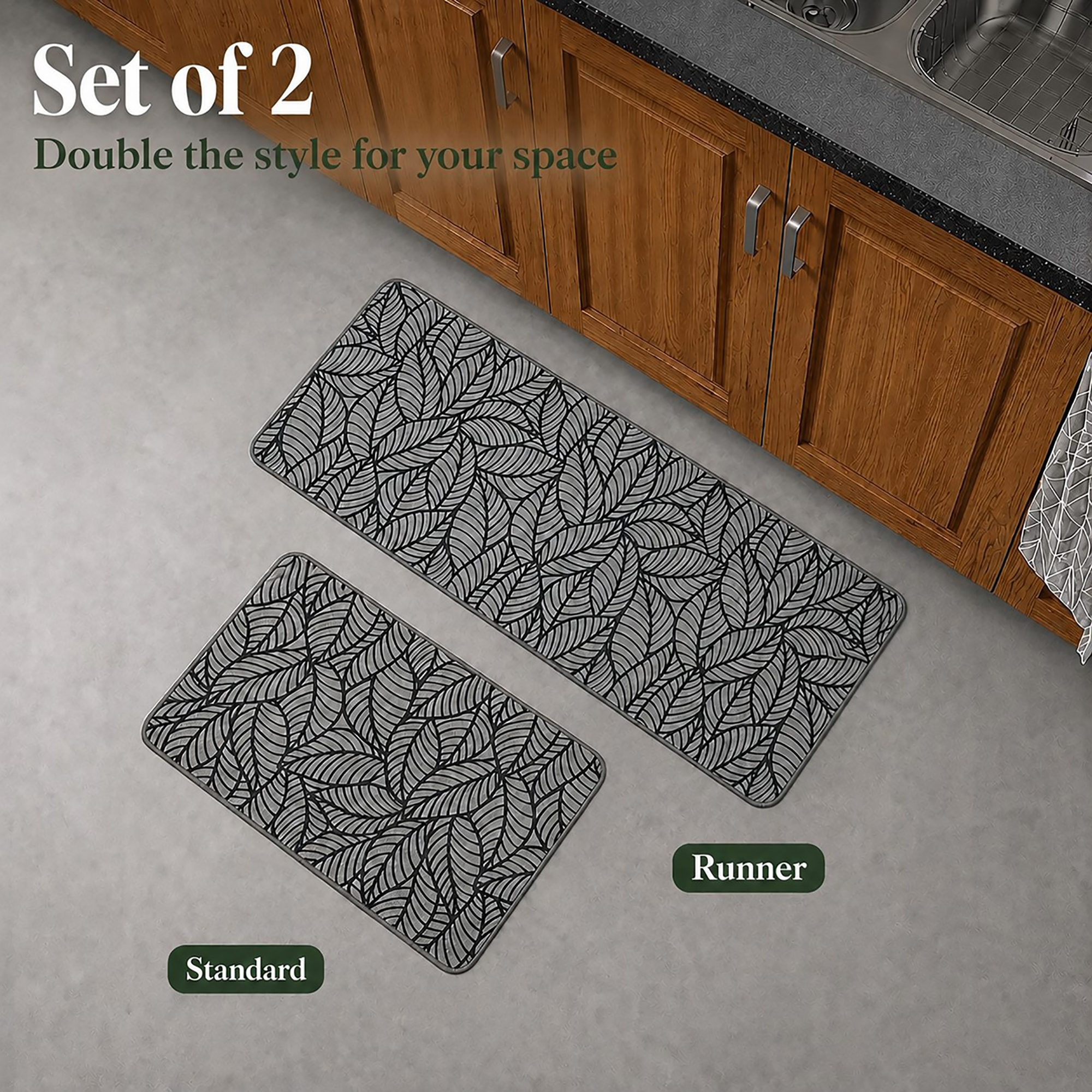 Grey two-piece kitchen mat set, a standard mat beside a longer runner, shown together on the floor near wood cabinets.