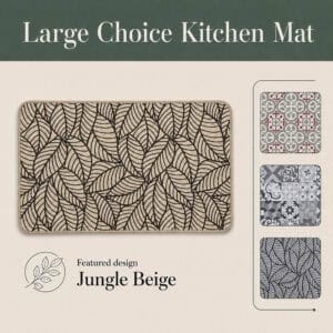 Beige kitchen mat with black leaf design shown beside three alternate patterns, highlighting the featured beige colorway in a decorative layout.