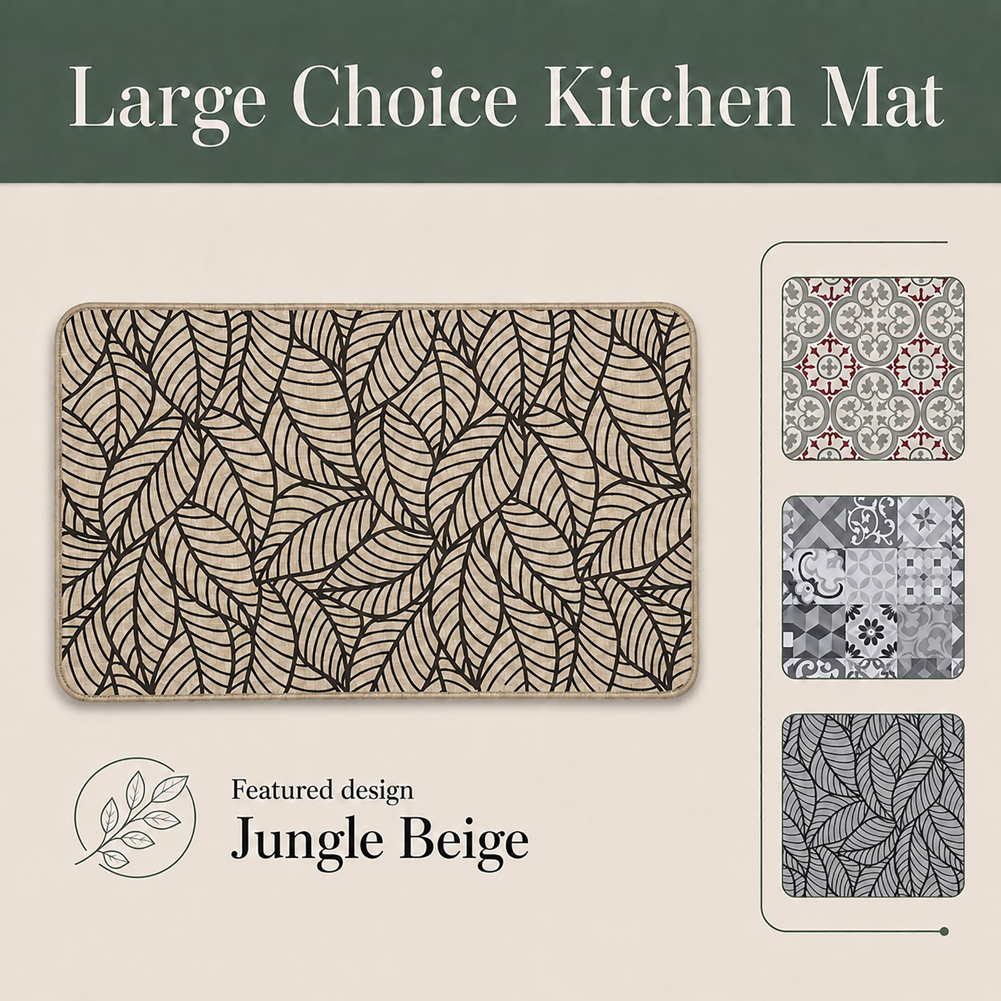 Beige kitchen mat with black leaf design shown beside three alternate patterns, highlighting the featured beige colorway in a decorative layout.