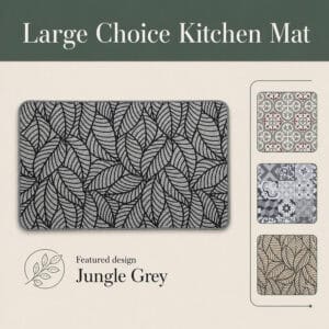 Grey kitchen mat with black leaf design shown beside three alternate patterns, highlighting the featured Jungle Grey colorway in a decorative layout.