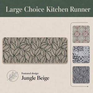 Beige kitchen runner with black leaf design shown beside three alternate patterns, highlighting the featured beige colorway in a decorative layout.