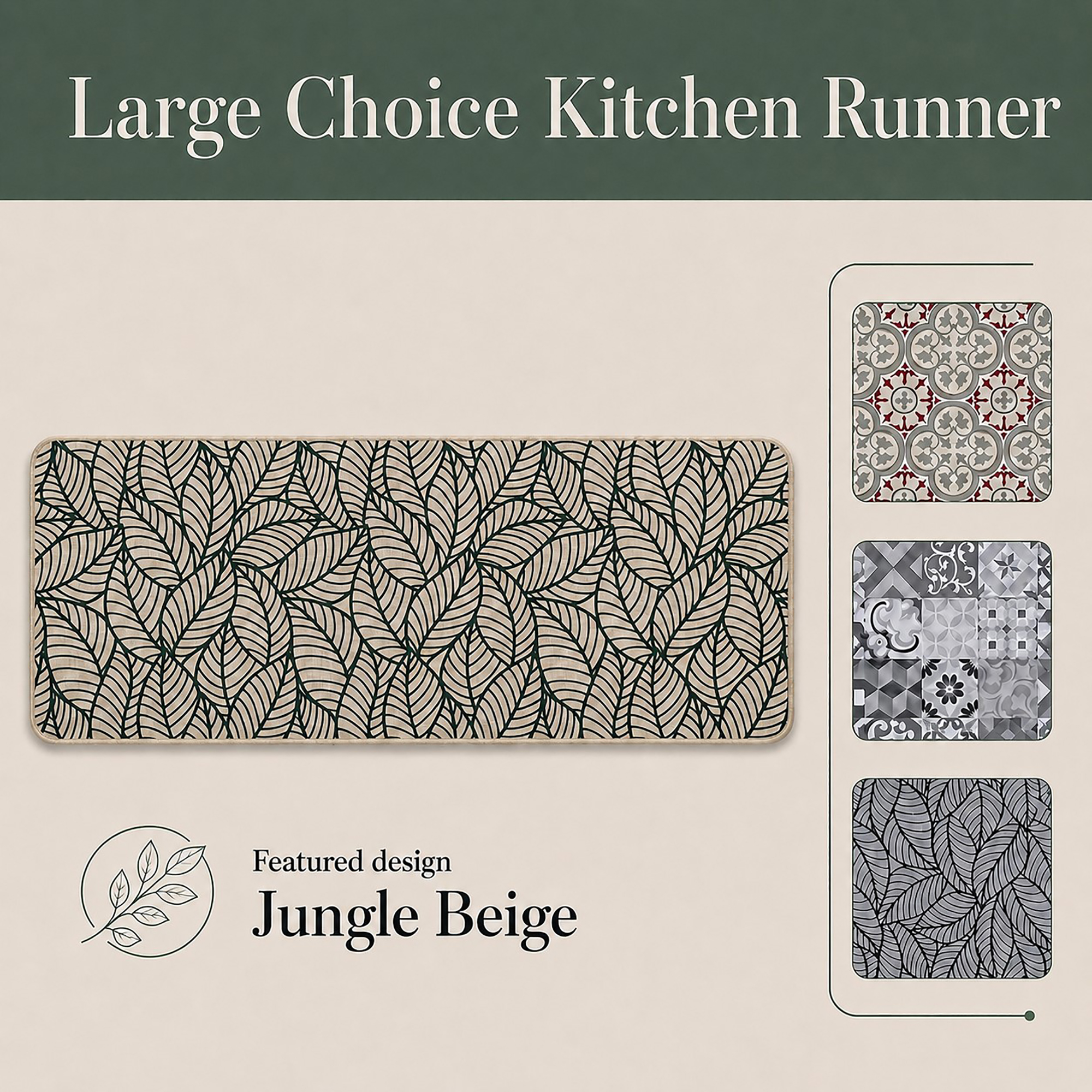 Beige kitchen runner with black leaf design shown beside three alternate patterns, highlighting the featured beige colorway in a decorative layout.