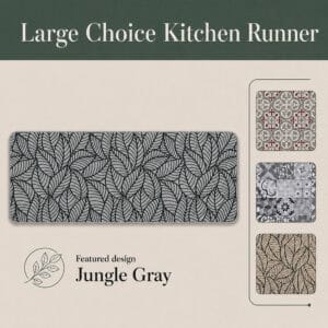 Grey kitchen runner with black leaf design shown beside three alternate patterns, highlighting the featured Jungle Grey colorway in a decorative layout.