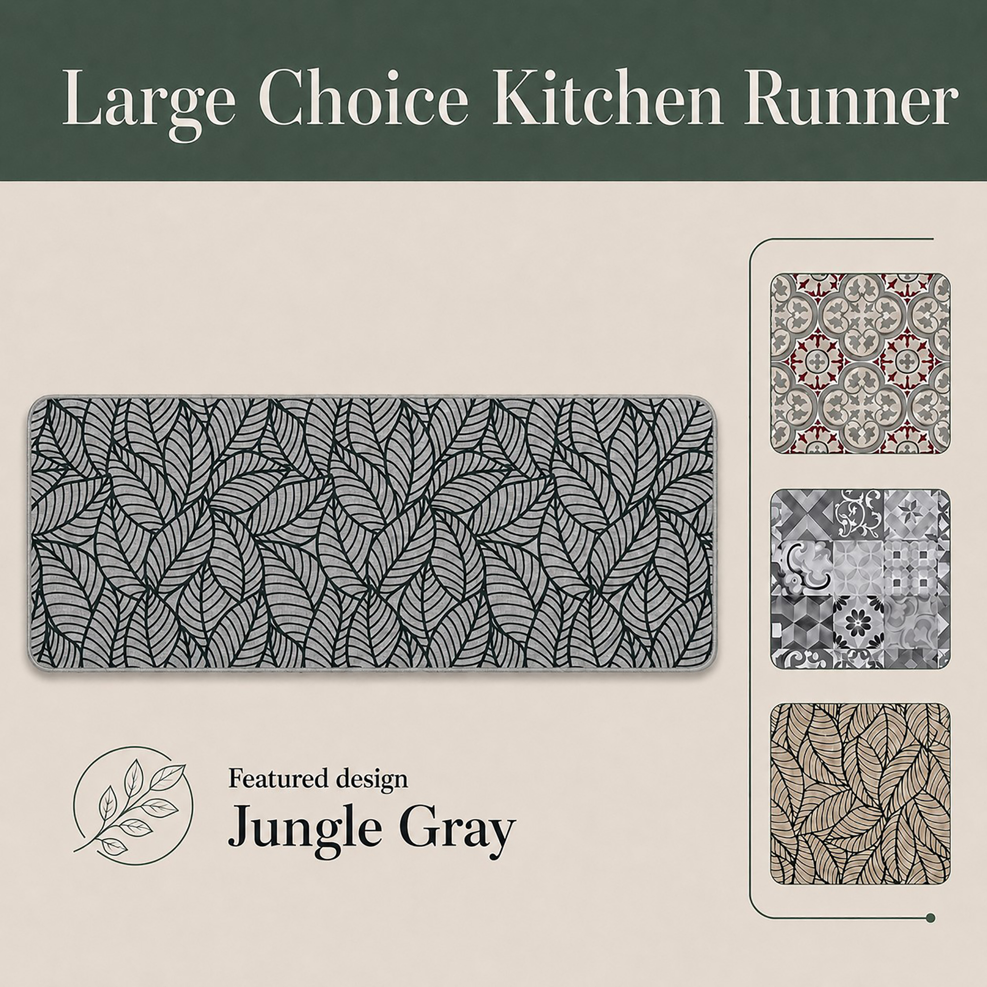 Grey kitchen runner with black leaf design shown beside three alternate patterns, highlighting the featured Jungle Grey colorway in a decorative layout.