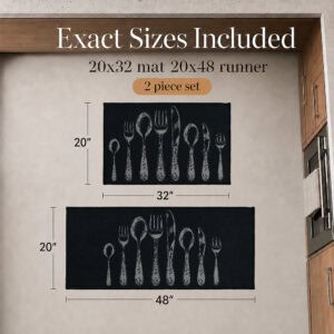 Two black kitchen rugs shown with size labels, a thirty two by twenty inch mat and a forty eight by twenty inch runner included in the set.