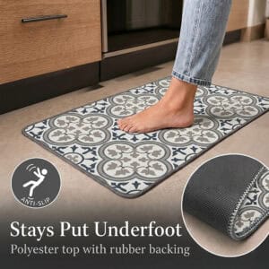 A bare foot resting on the kitchen mat near wood cabinets, with a close-up inset showing the textured rubber backing that keeps it from slipping.