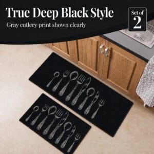 Close view of the black kitchen set with a distressed gray cutlery print, a corner badge noting the set of two pieces.