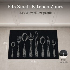Black kitchen floor mat on tile measuring thirty two by twenty inches, with an inset showing the one quarter inch low profile height.